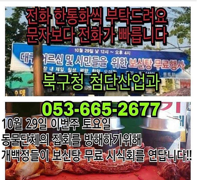 10월29일 대구 칠성장에서 열리는 개고기무료 시식회 막아주세요
