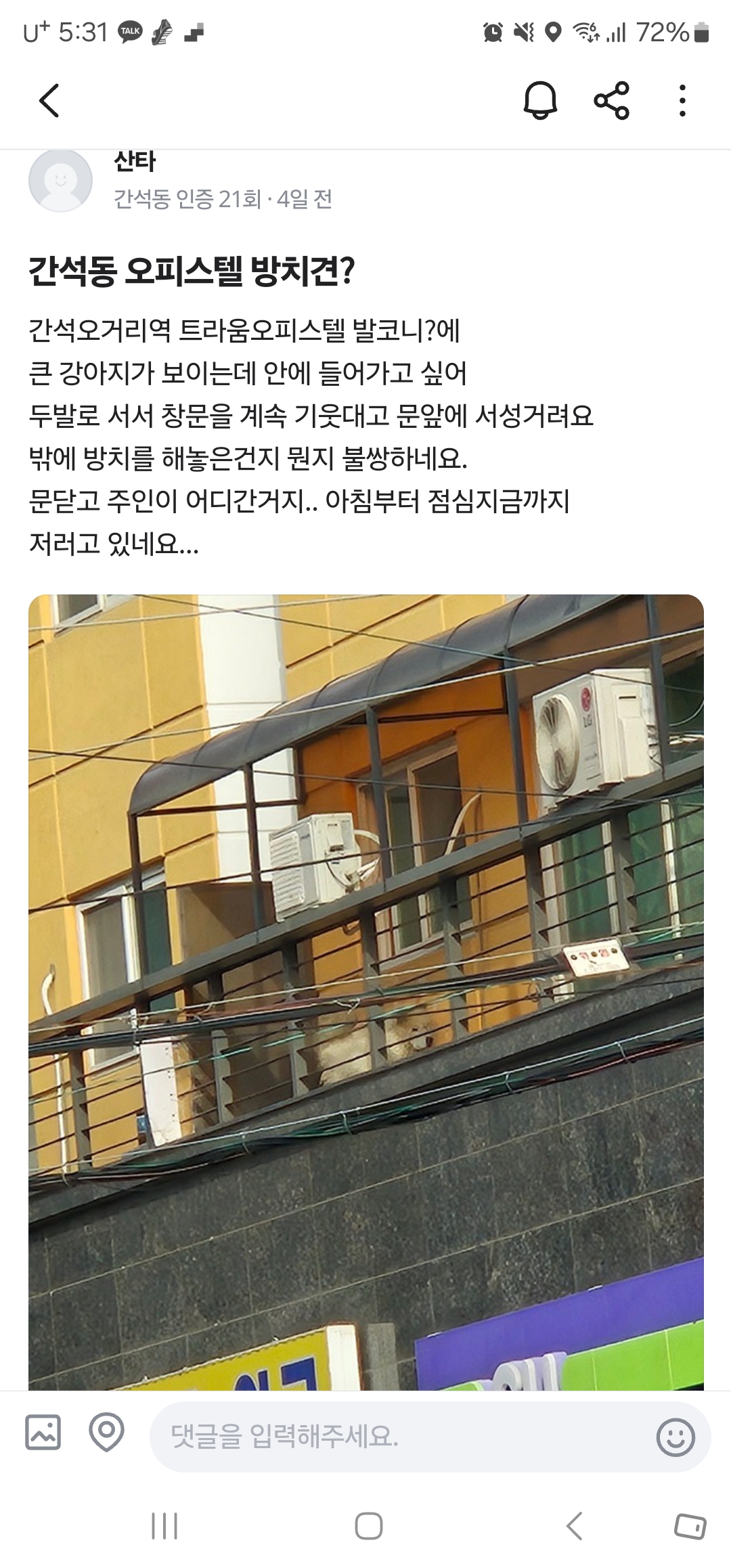 인천 남동구 간석동 오피스텔 발코니 방치견을 구조해주세요
